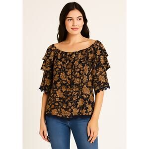 Knox Rose Boho Floral Off Shoulder Blouse M Navy Gold Lace Trim Peasant Top